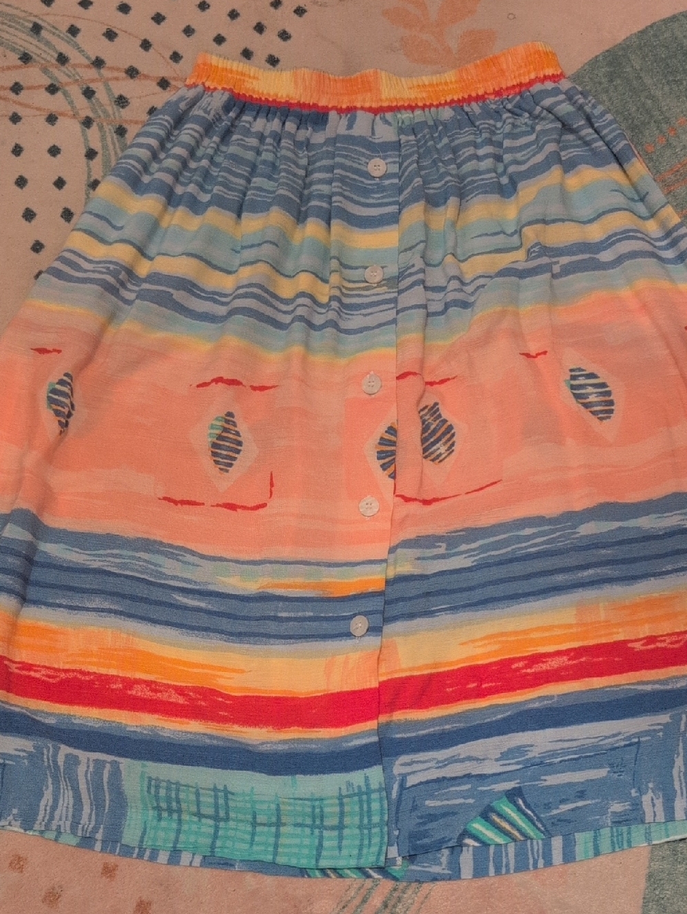 Vintage Koret Multicolor Striped Button-Front Skirt Seashells Beach